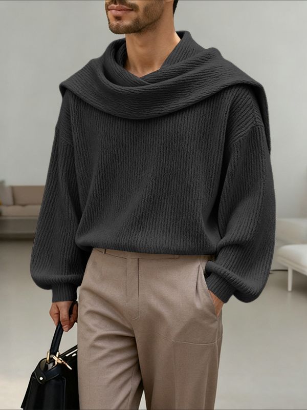 Men's Solid Color Textured Drape Neck Long Sleeve Sweater SKUL45168