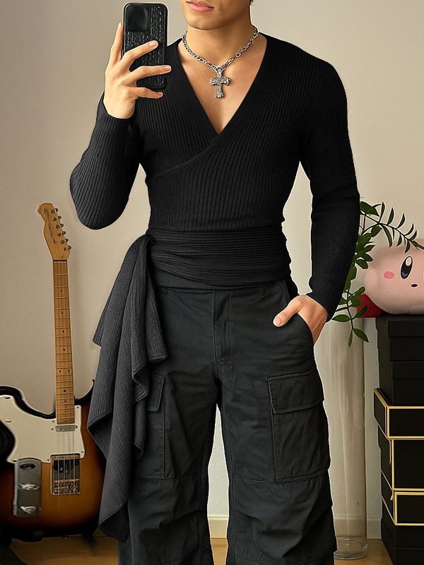 Men's Knitted Twist Tie V Neck Long Sleeve Sweater SKUL35102