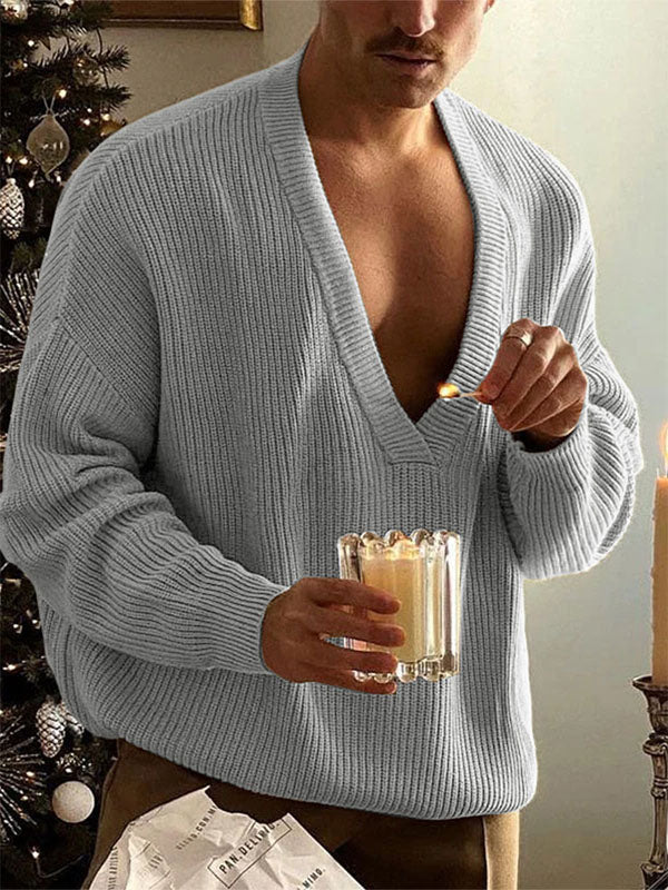 Men's Solid Deep V-Neck Long Sleeve Sweater SKUL24792