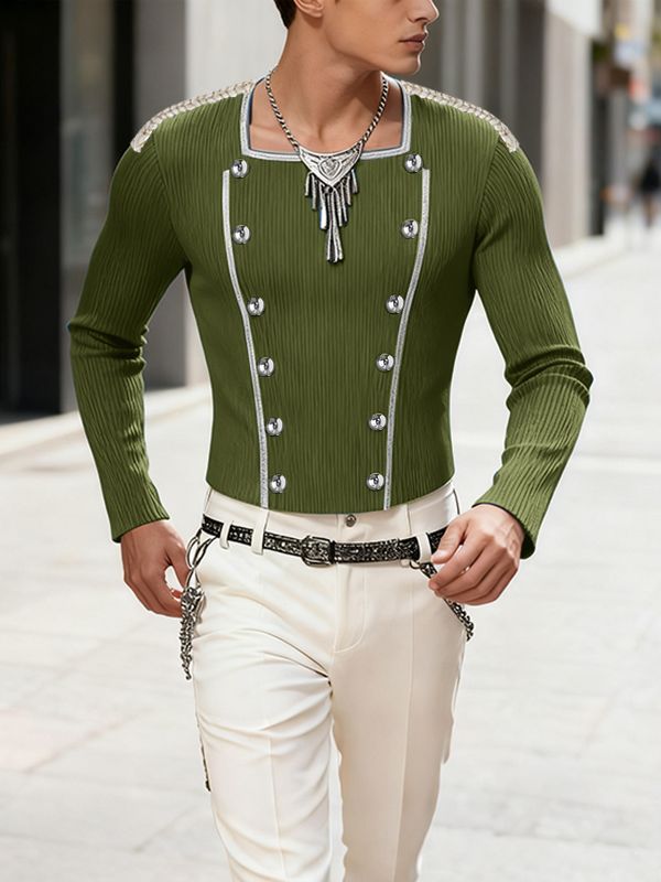 Men's Metal Buckle Webbing Decorated Knitted Long Sleeve Sweater SKUL39036