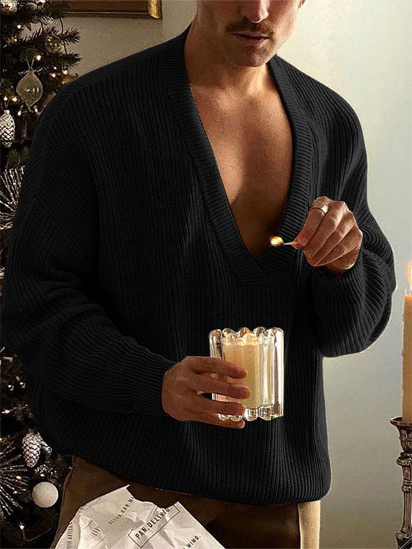 Men's Solid Deep V-Neck Long Sleeve Sweater SKUL24792