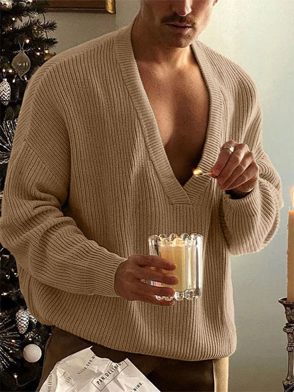Men's Solid Deep V-Neck Long Sleeve Sweater SKUL24792