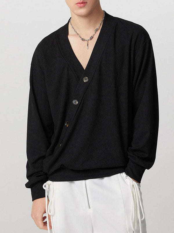 Mens Textured Asymmetrical V-Neck Long-Sleeve Sweater SKUK82215