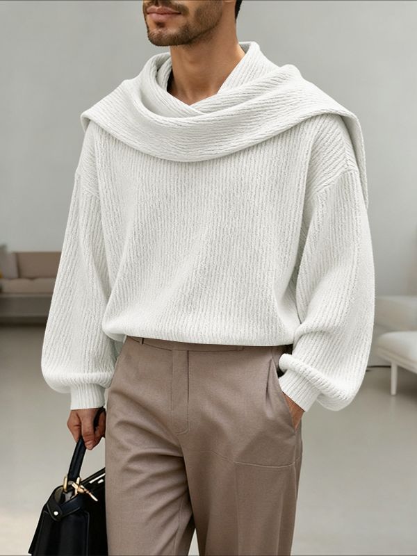 Men's Solid Color Textured Drape Neck Long Sleeve Sweater SKUL45168