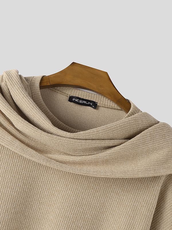 Men's Solid Color Textured Drape Neck Long Sleeve Sweater SKUL45168