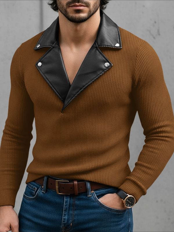 Men's Knit Textured Contrast Collar Long Sleeve Sweater SKUL45341