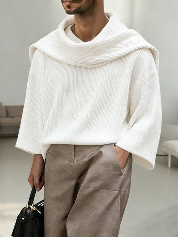 Men's Solid Color Textured Drape Neck Long Sleeve Sweater SKUL45163