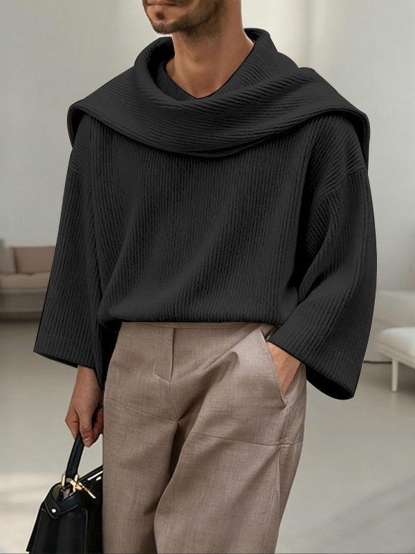 Men's Solid Color Textured Drape Neck Long Sleeve Sweater SKUL45163