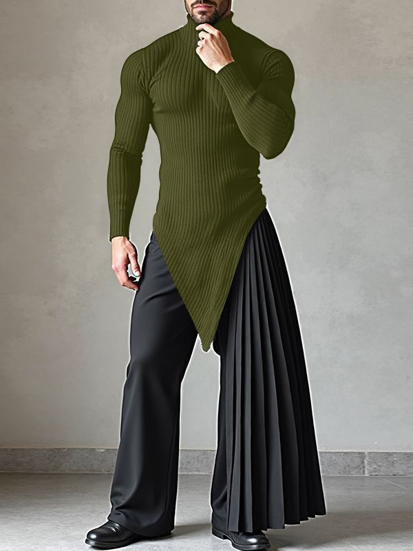 Men's Textured Turtleneck Irregular Hem Long Sleeve Sweater SKUL37543