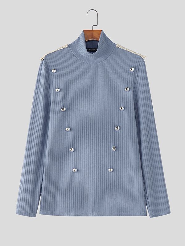 Men's Metal Buckle Decor High Neck Knitted Long Sleeve Sweater SKUL39035