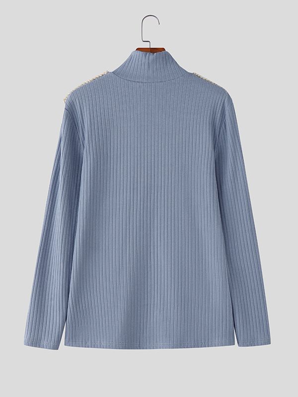 Men's Metal Buckle Decor High Neck Knitted Long Sleeve Sweater SKUL39035