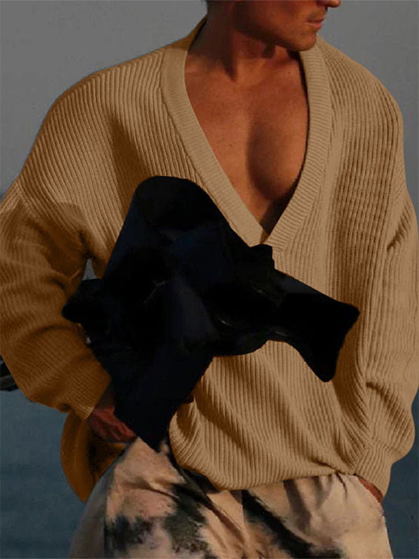 Men's Solid Deep V-Neck Long Sleeve Sweater SKUL24792