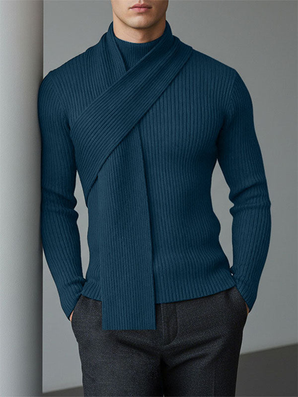 Men's Textured Knit Neck Warmer Long Sleeve Sweater SKUL43817