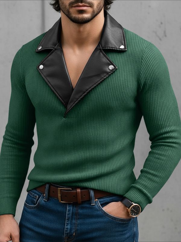 Men's Knit Textured Contrast Collar Long Sleeve Sweater SKUL45341